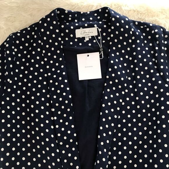 L’ACADEMIE Carter Linen Blazer Open Front Navy Blue White Polka Dot Medium New - Picture 5 of 16